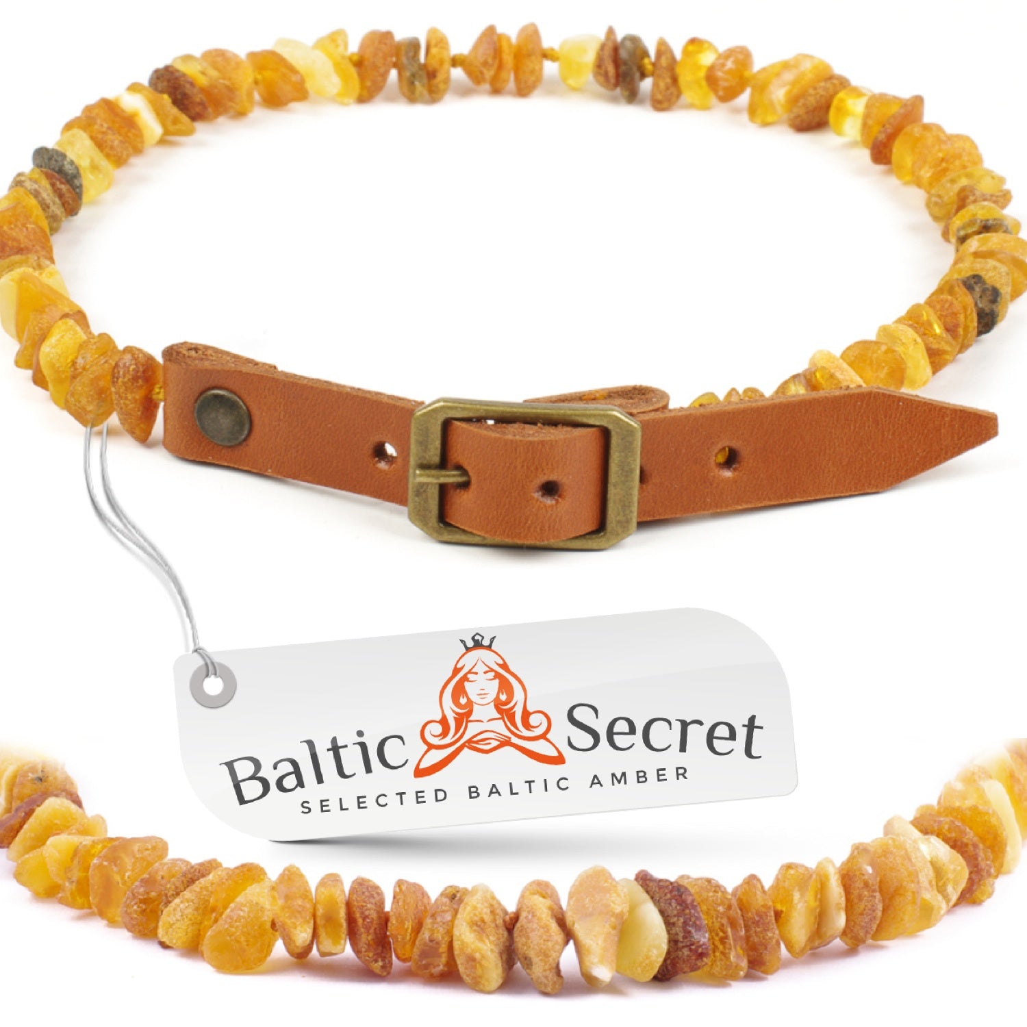Amber Collars for Dogs & Cats with Adjustable Orange Leather Belt
