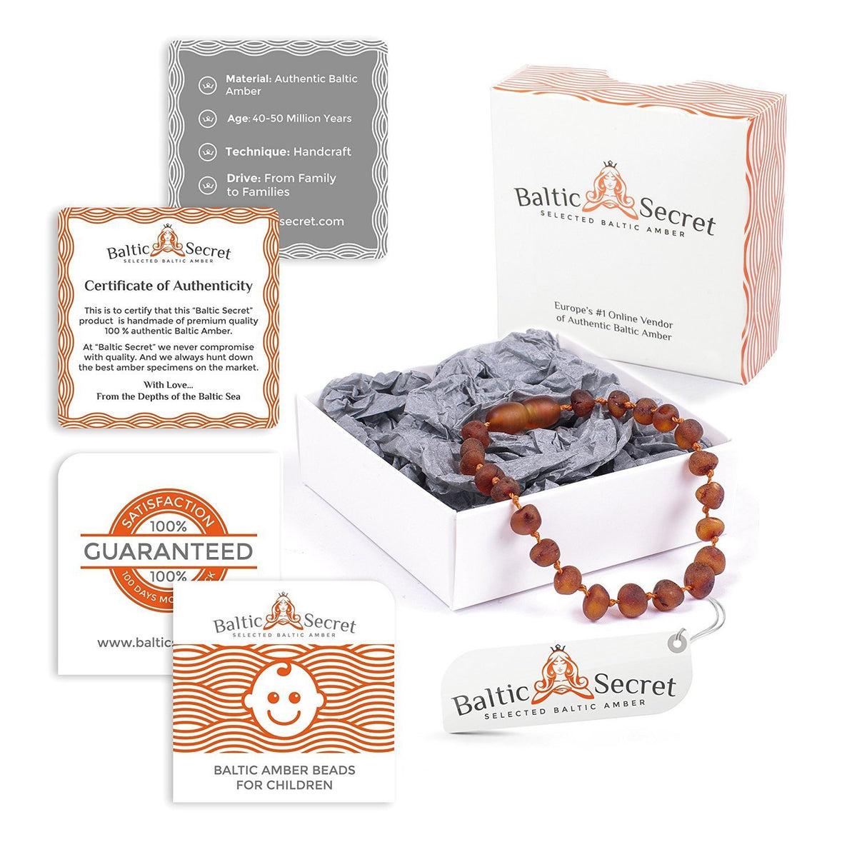 BALTIC AMBER TEETHING NECKLACE & BRACELET FOR CHILDREN / COGNAC COLOUR / RAW UNPOLISHED / EXTRA SAFE & EFFECTIVE / DCGN.U-BRQ - Baltic Secret