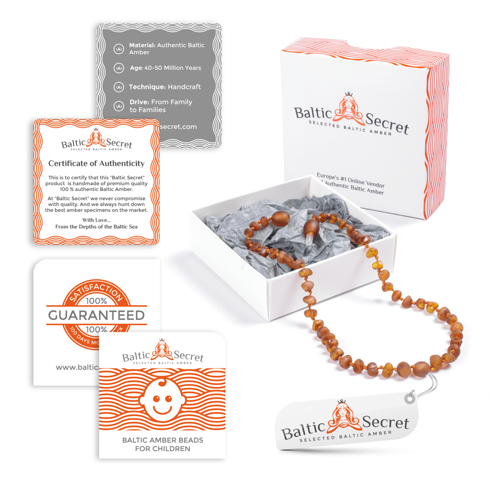 BALTIC AMBER TEETHING NECKLACE & BRACELET FOR CHILDREN / COGNAC COLOUR / RAW UNPOLISHED / EXTRA SAFE & EFFECTIVE / DCGN.U-BRQ - Baltic Secret
