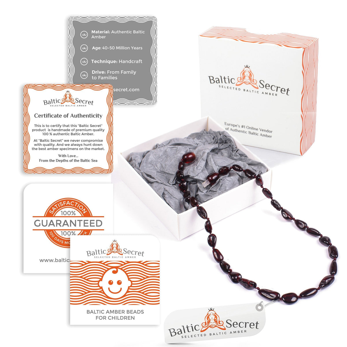 Premium Baltic Amber Necklace and/or Bracelet For Children / Polished / Cherry Colour / Extra Safe & Authentic / CHR.P-BN-BS - Baltic Secret
