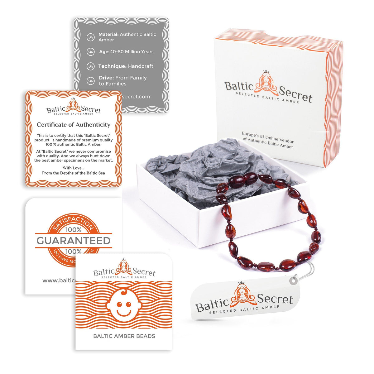 Premium Baltic Amber Necklace and/or Bracelet For Children / Polished / Cherry Colour / Extra Safe & Authentic / CHR.P-BN-BS - Baltic Secret