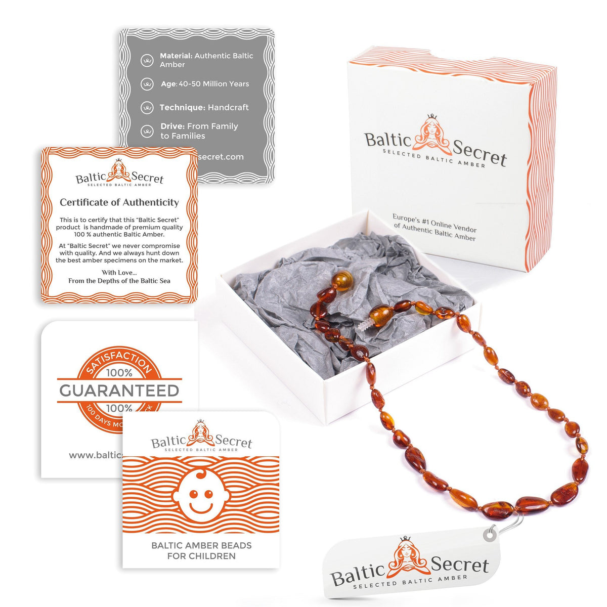 Premium Baltic Amber Necklace and/or Bracelet For Children / Polished / Cognac Colour / Extra Safe & Effective / CGN.P-BNSH - Baltic Secret