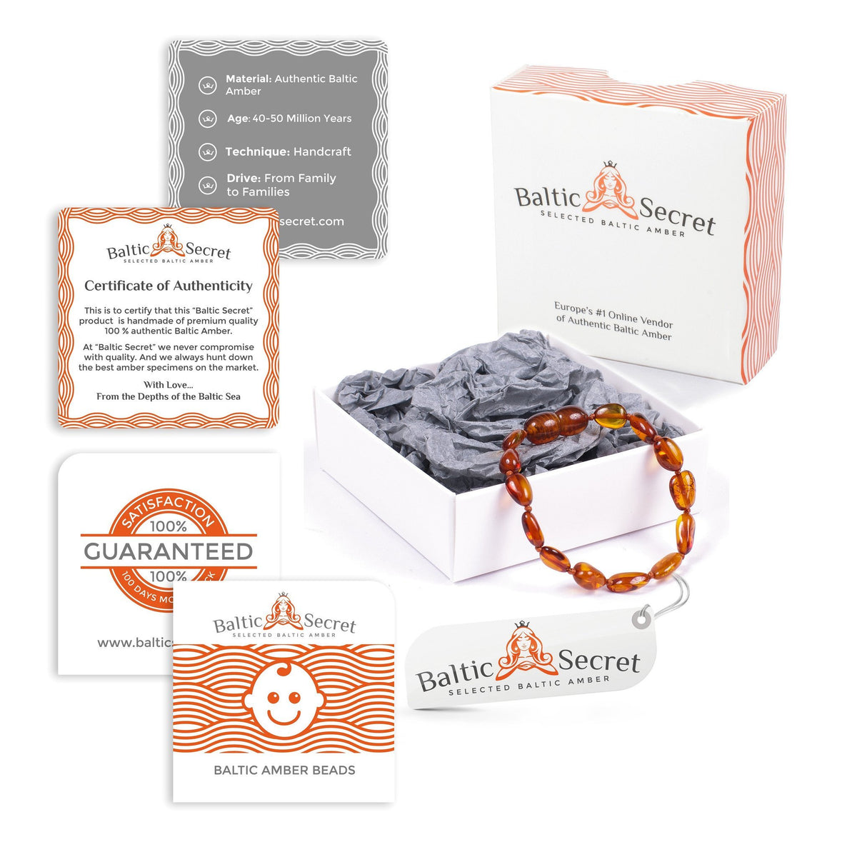 Premium Baltic Amber Necklace and/or Bracelet For Children / Polished / Cognac Colour / Extra Safe & Effective / CGN.P-BNSH - Baltic Secret
