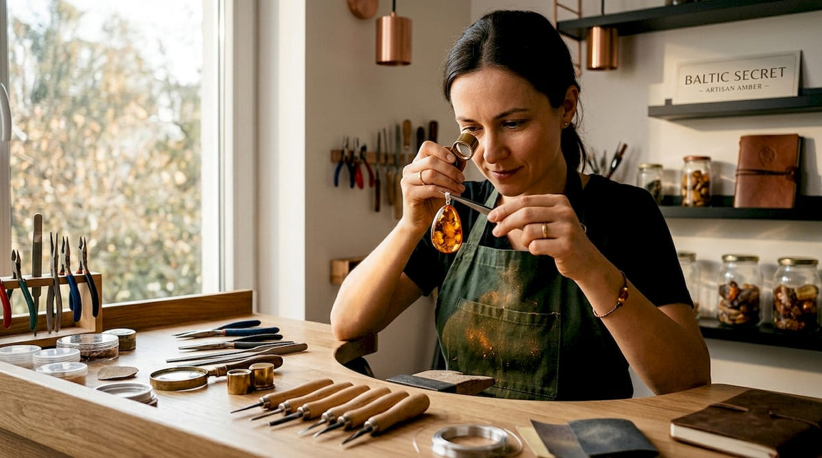 Jeweler inspecting amber pendant in workshop