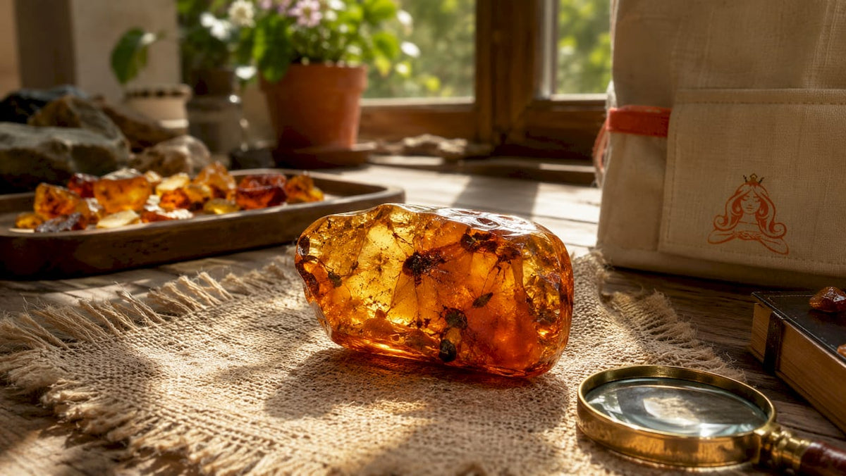 Close-up of polished amber gemstone on wood