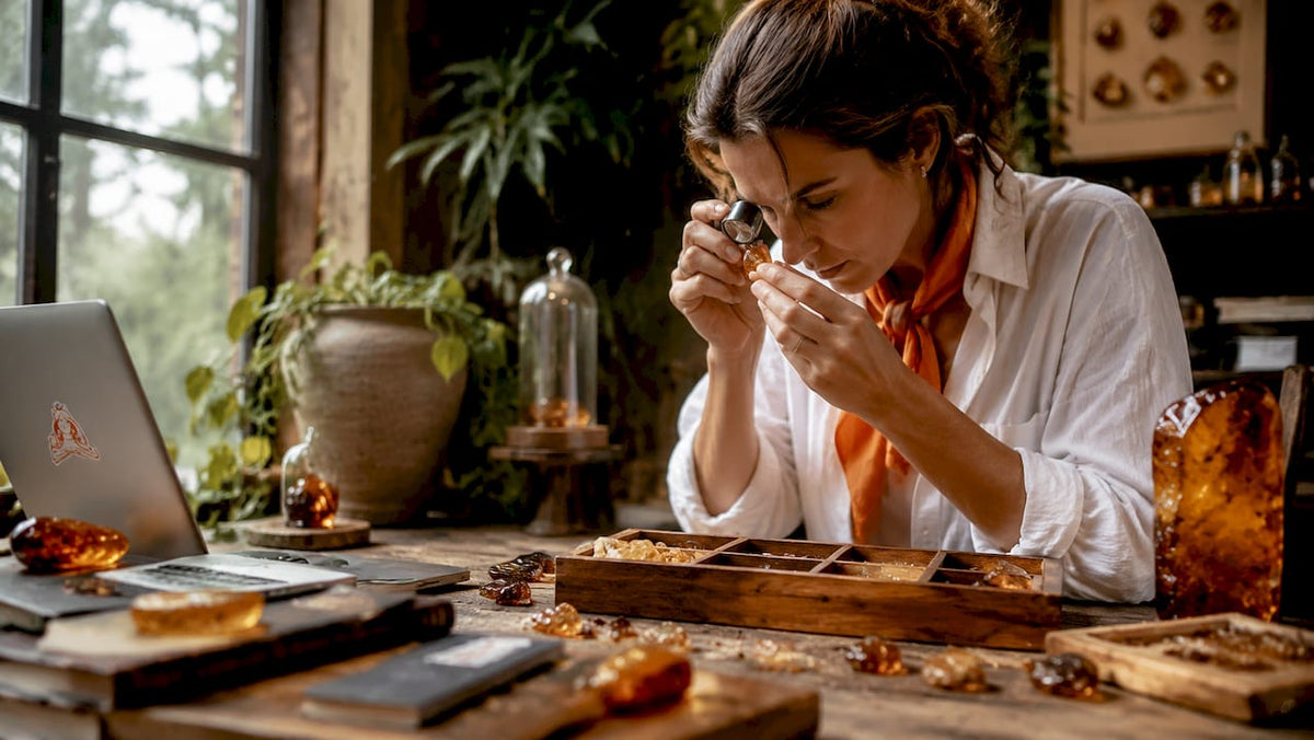 Gemologist inspecting Baltic amber insect inclusion