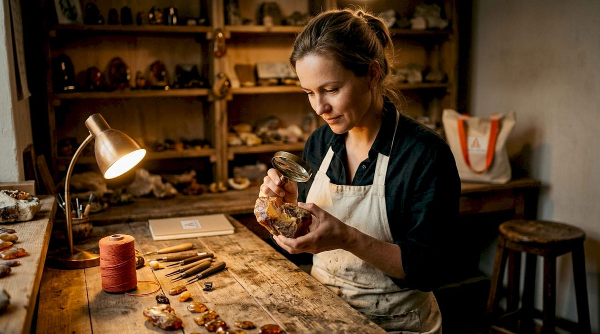 Lithuanian artisan examining amber piece at workshop