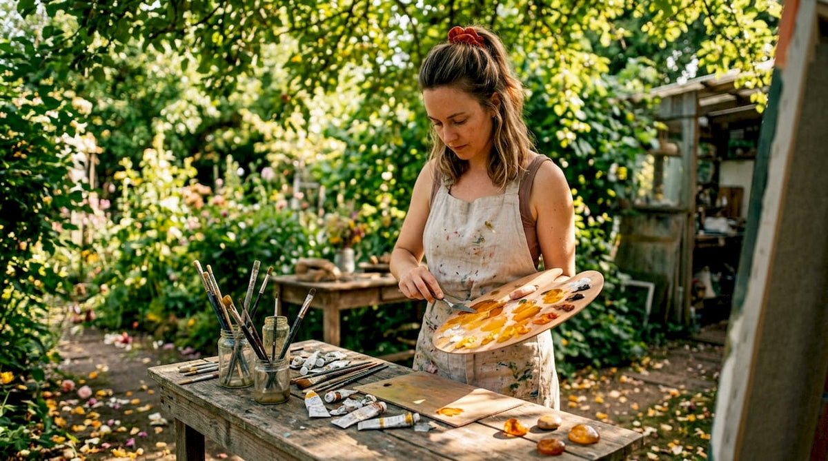 Artist mixing amber-colored paints in sunlit studio