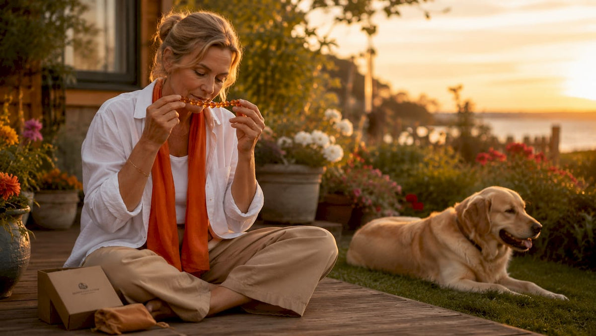 Woman inspecting and smelling amber pet collar indoors