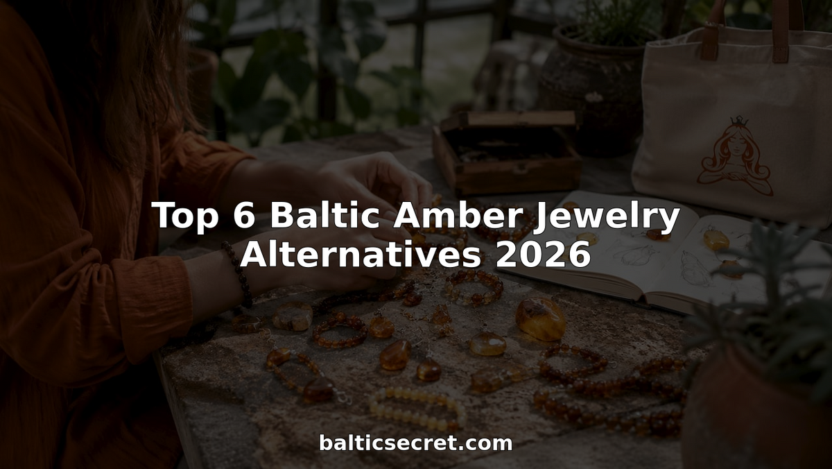 Hands arranging amber jewelry alternatives on wooden table