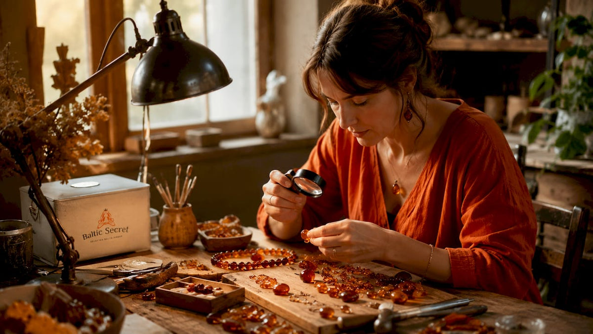 Artisan examining bioenergy amber jewelry closely