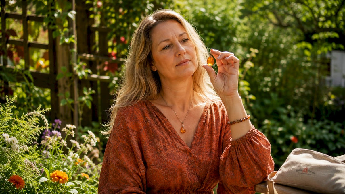 Woman inspecting Baltic amber pendant closely
