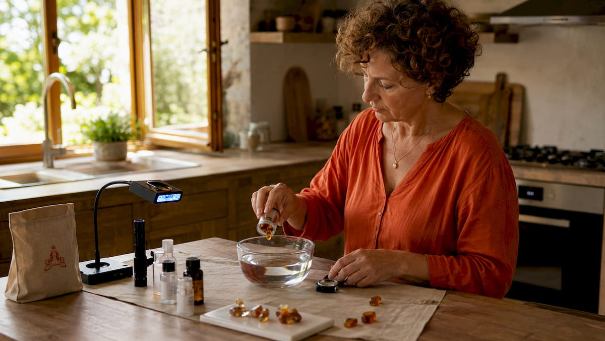 Woman performing amber authenticity test at home