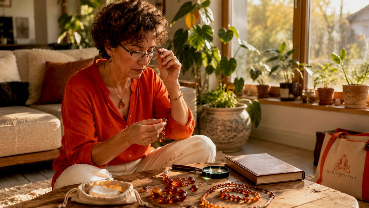 Woman examining amber jewelry collection in study