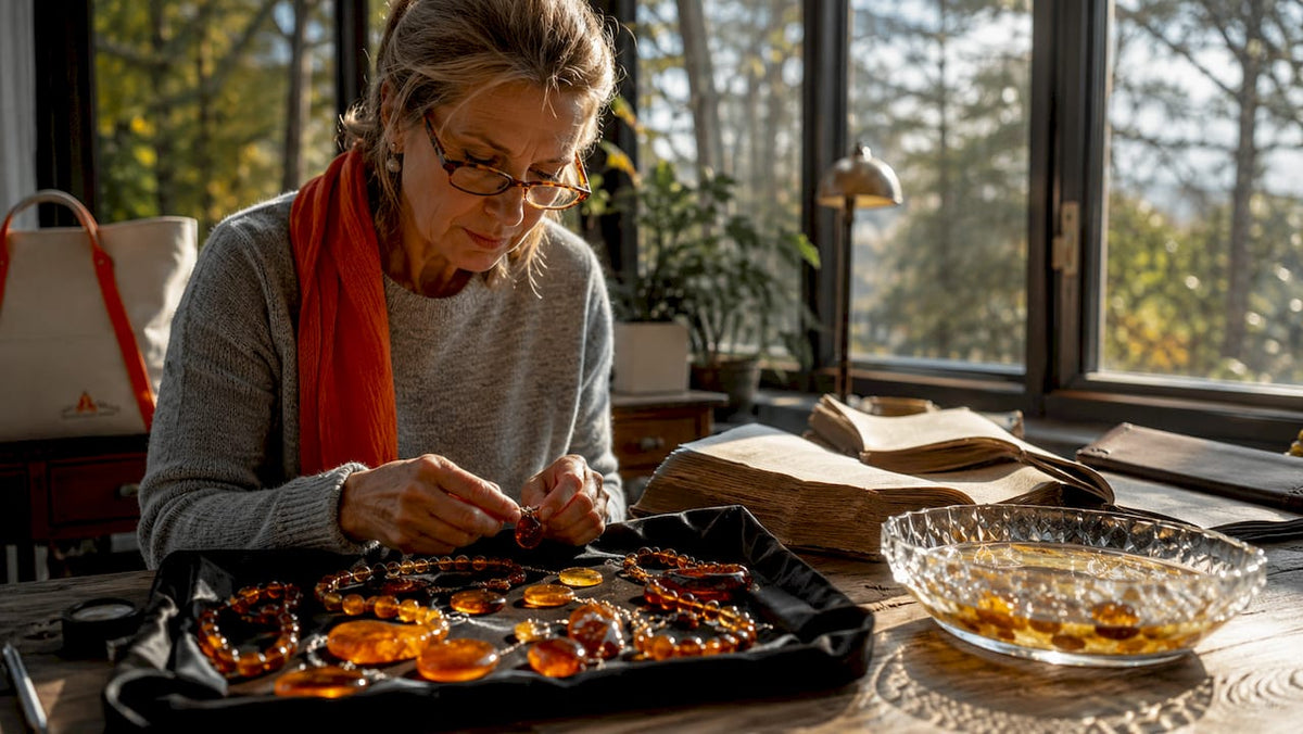 Woman cataloging heirloom amber jewelry