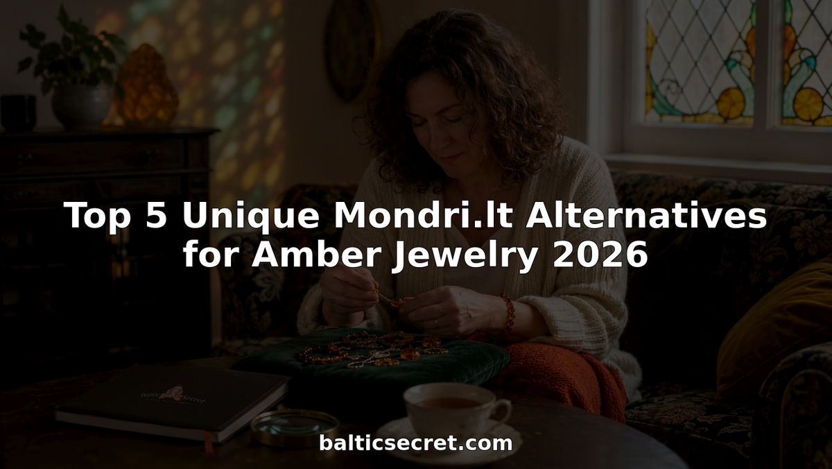 Woman examining amber jewelry at kitchen table