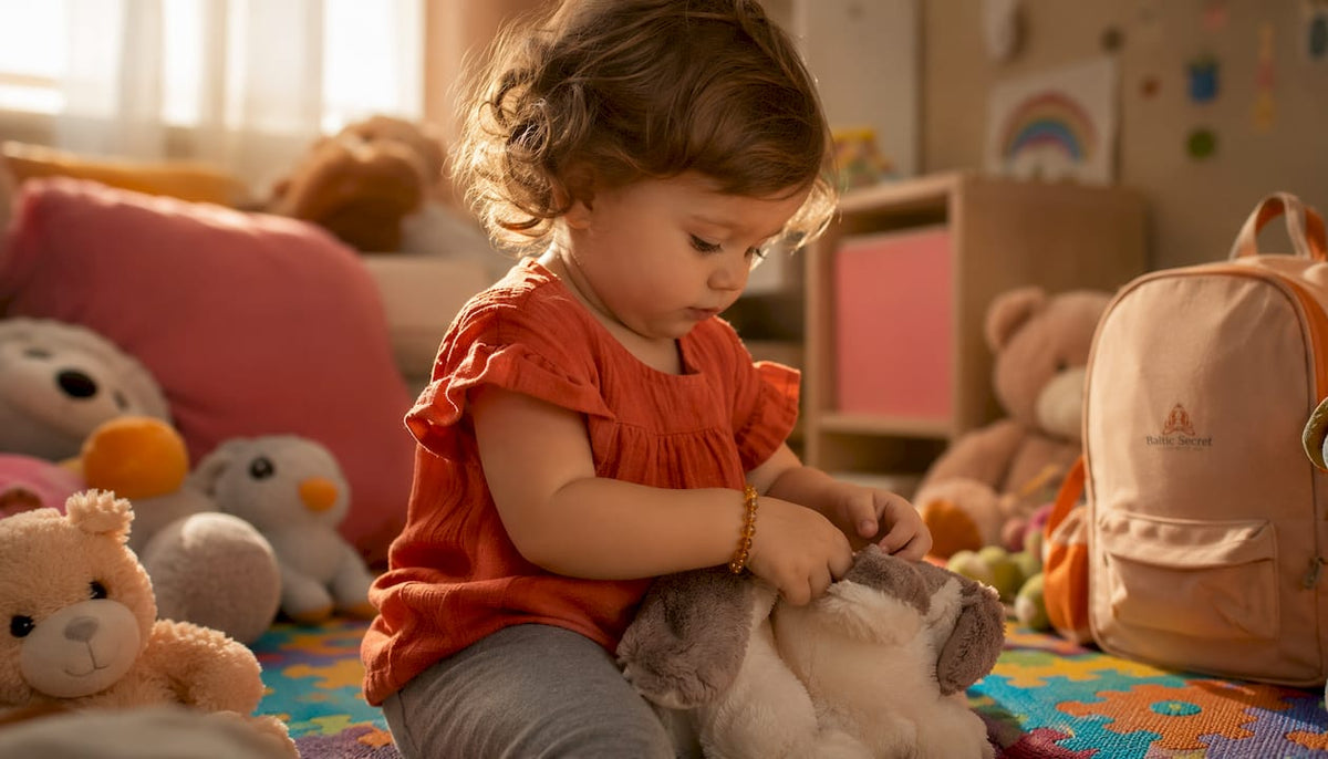 Toddler wearing amber bracelet on ankle indoors