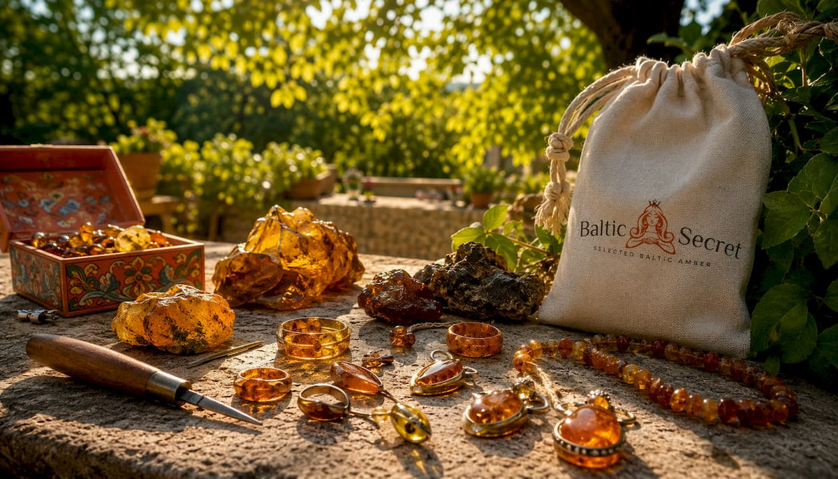 Close-up of amber stones and jewelry in sunlight