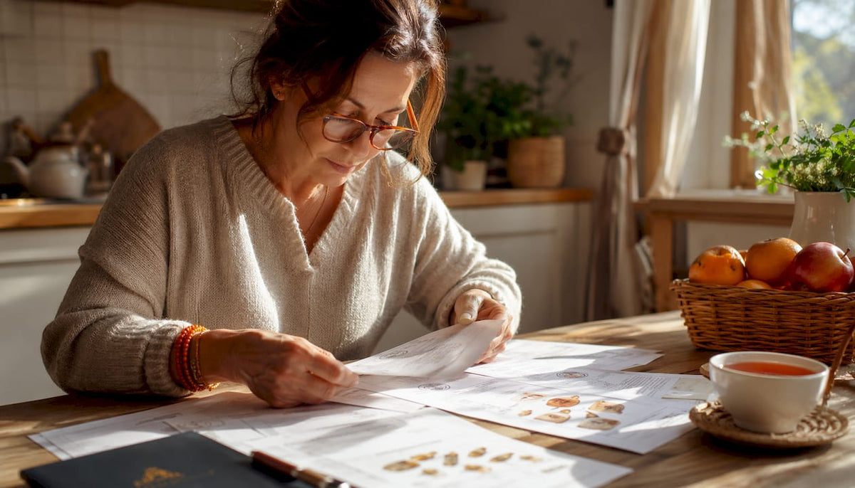 Woman reviewing amber certification documents at home
