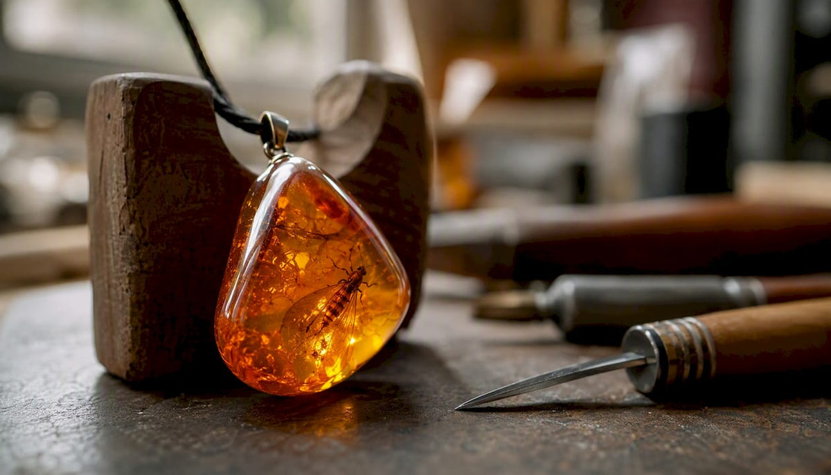 Amber pendant with visible insect inclusion