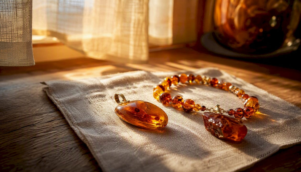 Amber jewelry arranged on wooden table in warm light