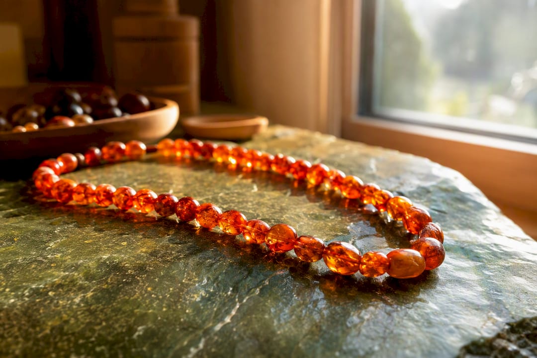 Close-up of Baltic amber necklace on fabric