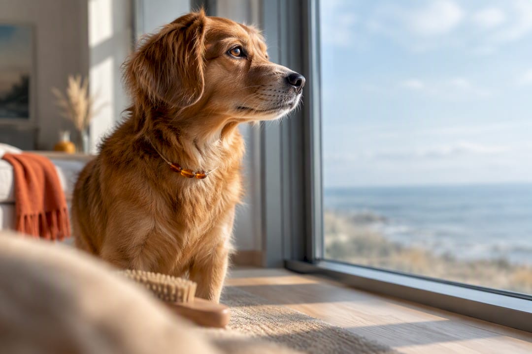 Close view of amber collar on dog