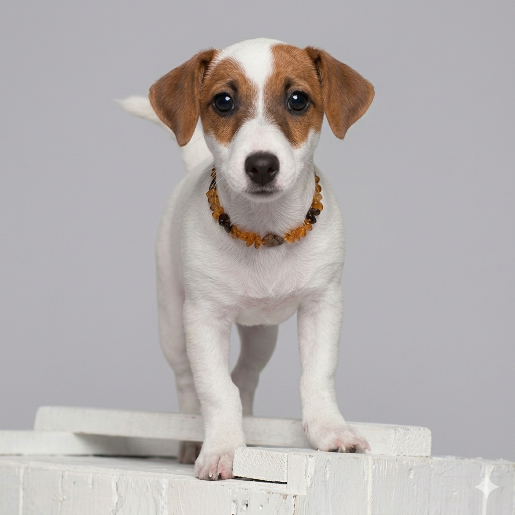 Small white and brown dog standing on a white platform with amber tick and flea collar